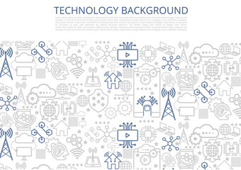 Set of activities global technology linear icon concept. Outline digital business internet telecom symbol. Mobile laptop computer wifi connect device communication background.