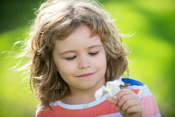 Head close up. Close up head shot of child. Kids face, little boy summer portrait. Summer vacation.