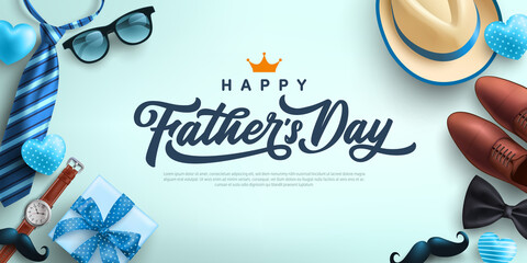 Father's Day Sale poster or banner template with necktie,glasses,hat and gift box.Greetings and presents for Father's Day in flat lay styling.Promotion and shopping template for love dad concept - obrazy, fototapety, plakaty