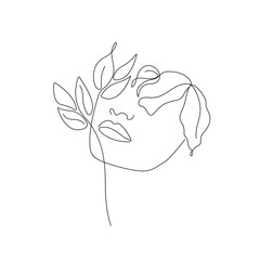 Woman Face with Flowers Line Art Drawing. Continuous One Line Drawing of Flowers on Female Head Minimalist Style. Vector Illustration for Nature Cosmetic, Print. Minimalist Black White Drawing Artwork