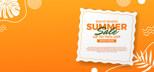 Summer sale offer banner with green tropical leaves decoration fluid liquid with photo template
