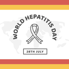 Hepatitis A, B, C, D, cirrhosis, World Hepatitis Day. Square Banner, card or social media post with world map and outlined ribbon. Medical poster with red and yellow stripes. Vector flat illustration.