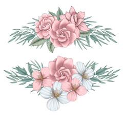 Cute pink flower borders, floral garland, white and pinky pastel botanica, elegant florals, cute wedding design elements