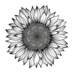 Sunflower flower vector black and white graphics isolated on a white background, linocut, realistic drawing, linear art. single sunflower. Seeds and flower petals. Agriculture, autumn sunflower seeds.