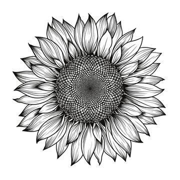 Sunflower flower vector black and white graphics isolated on a white background, linocut, realistic drawing, linear art. single sunflower. Seeds and flower petals. Agriculture, autumn sunflower seeds.