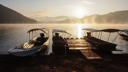 Silhouette of boats at the dock in the lake while the sun rising, created the sea of mist.