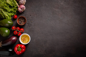 Background with fresh vegetables, flat lay, copy space