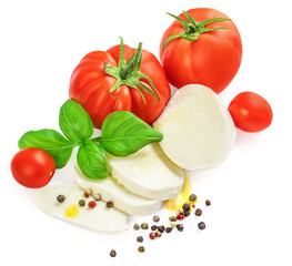 Mozzarella cheese with basil leaf, spices and tomatoes isolated on white background. Cutted mozzarela.