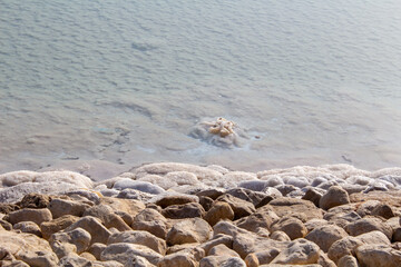 Totes Meer in Israel mit Salzsteinen klarem Waser Spiegelungen und einem Steg
