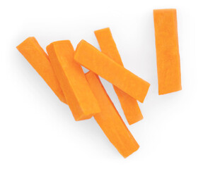 Pumpkin sticks  isolated on white background. Top view. Autumn Pumpkin vegetable pieces. Thanksgiving food concept.