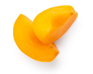 Fototapeta na wymiar Fresh apricot pieces. Apricot chunks isolated on white background.