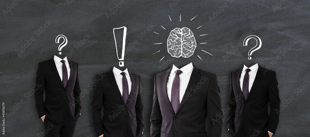 Poster headless businesspeople with brain sketch on chalkboard wall background. brainstorming concept.