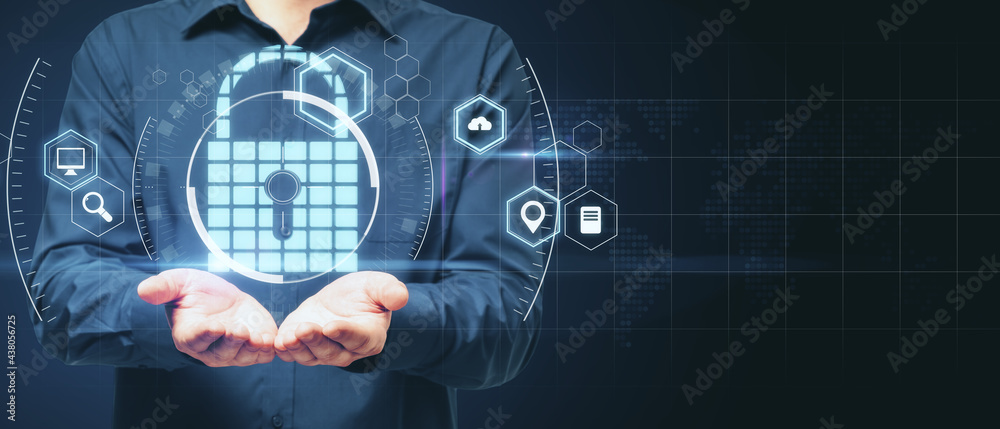 Poster blank dark backdrop with digital lock symbol above open man palms, personal data security concept. m