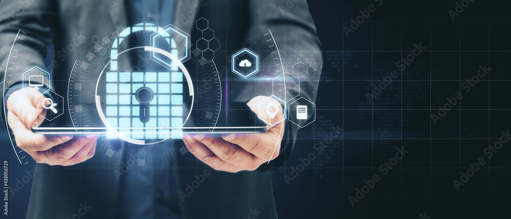 Poster Internet technology and privacy protection concept with virtual lock sign on man with digital tablet background and copyspace for your logo. Mockup