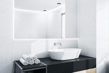 Fototapeta na wymiar Modern bathroom interior with sunlight and mirror. 3D Rendering.