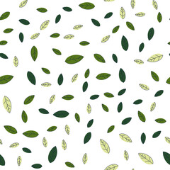 Seamless pattern from green leaves on a light background. Strict flat design. Natural motive. Printing on fabric, wrapping paper. Vector illustration