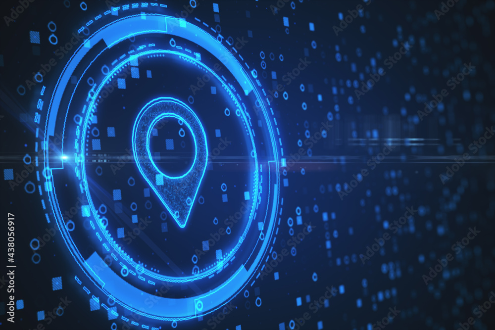 Poster Close up of abstract map pin on blue background. Futuristic navigation concept. 3D Rendering.