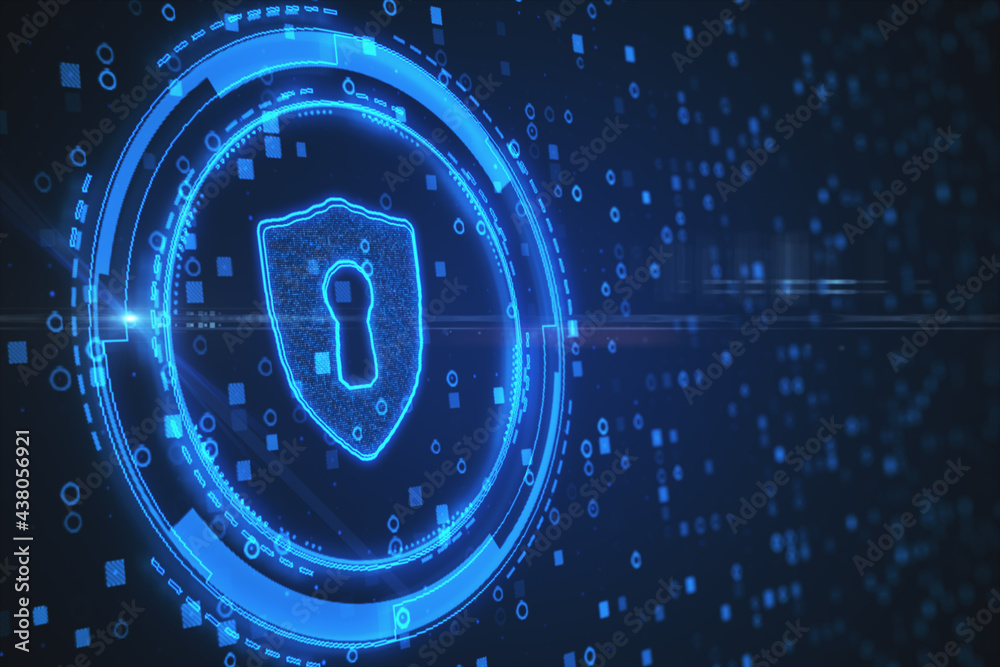 Poster creative glowing shield with lock on blue background. antivirus and protection concept. 3d rendering