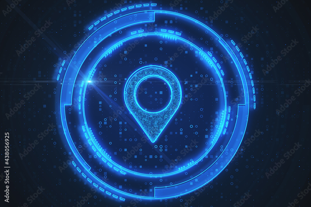 Poster Close up of glowing digital map pin on blue background. Futuristic navigation concept. 3D Rendering.