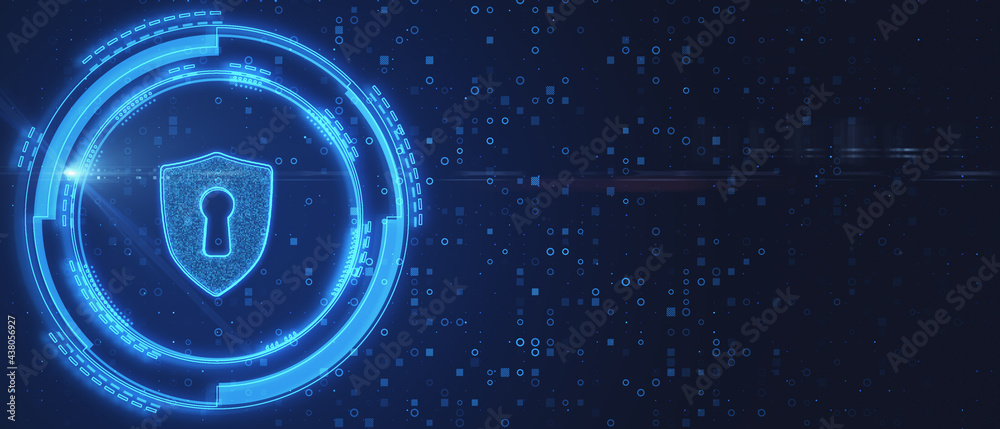 Poster Cyber security concept with abstract technological backdrop with copyspace and bright digital circle with keyhole. 3D rendering, mockup