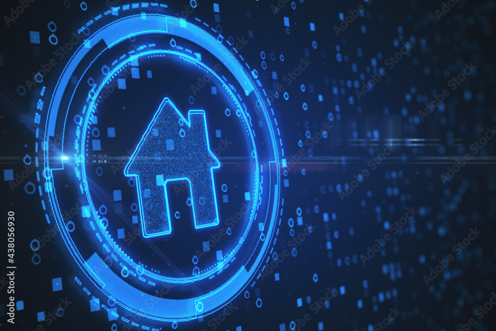 Poster Digital glowing smart home icon on dark background. Future, technology and automation concept. 3D Rendering.