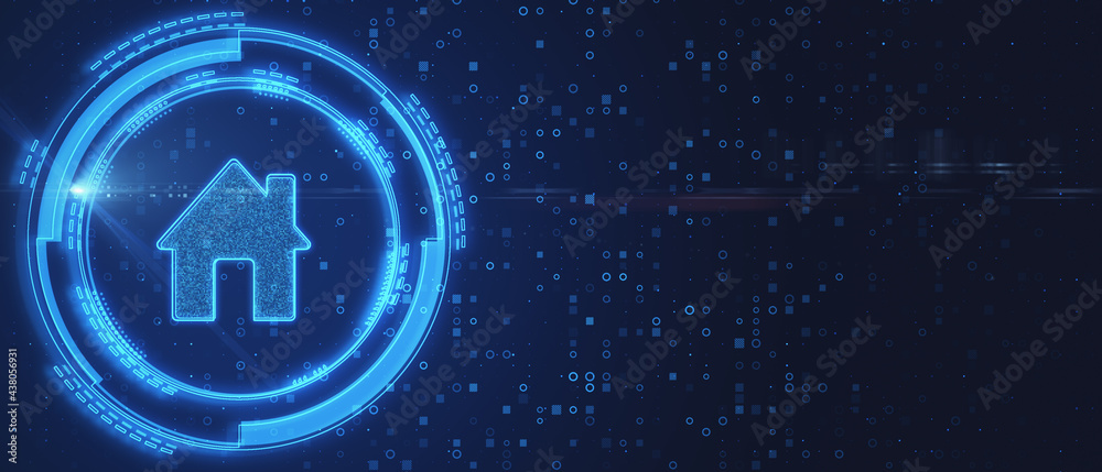 Leinwandbilder abstract glowing smart home icon on dark background. future, technology and automation concept. 3d r