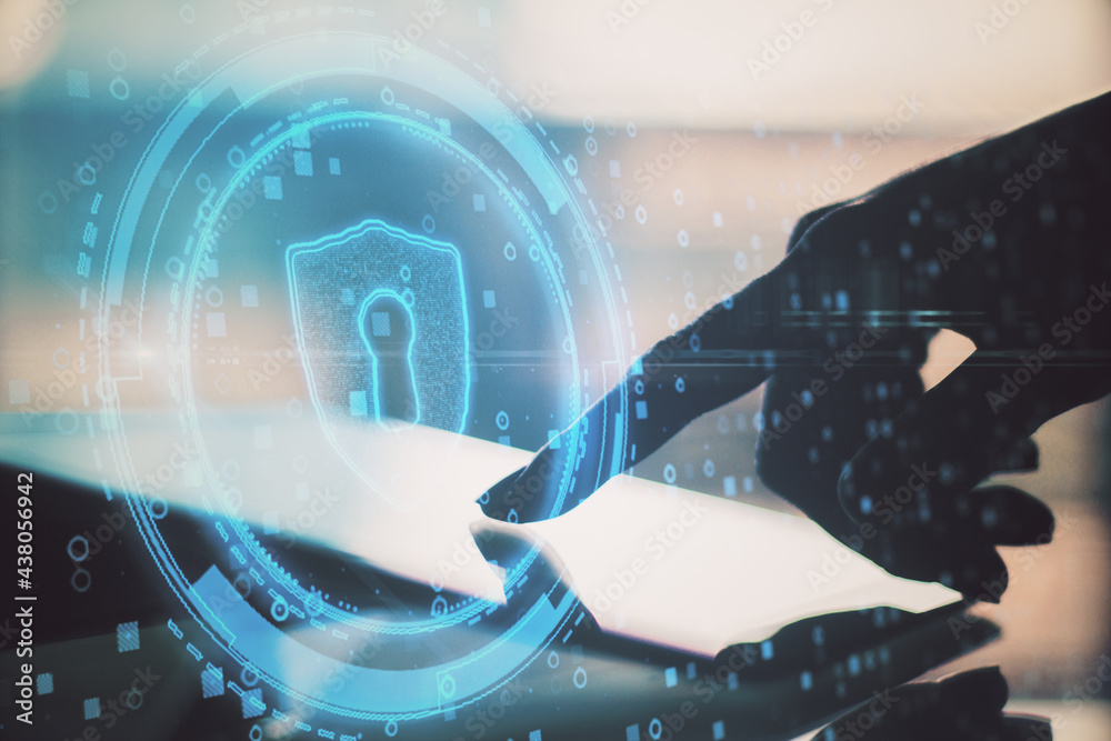 Poster personal information protection concept with glowing digital keyhole symbol on man hand touching dig