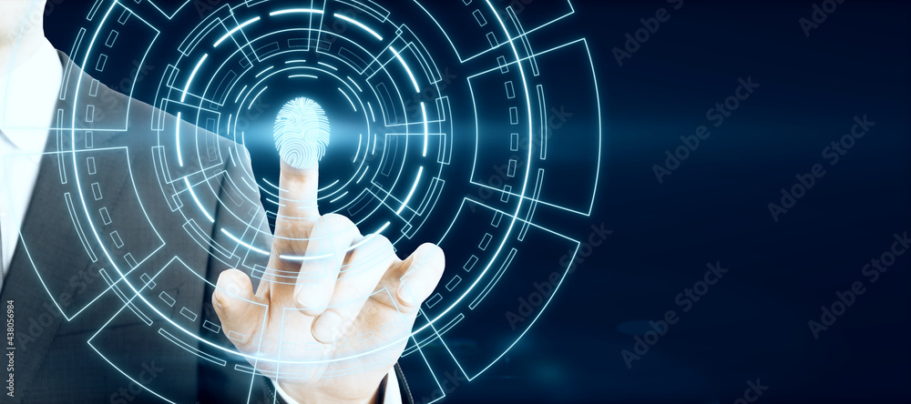 Poster hand pointing at creative glowing fingerprint id interface on dark background.