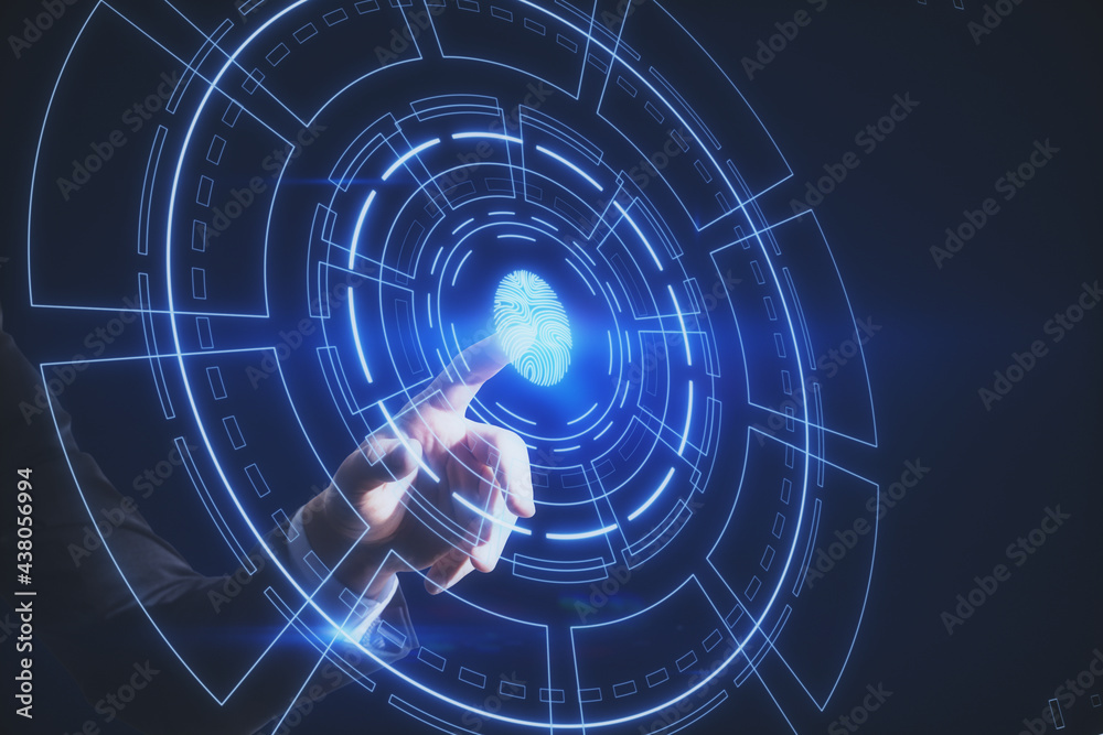 Poster hand pointing at creative glowing fingerprint id interface on dark backdrop.