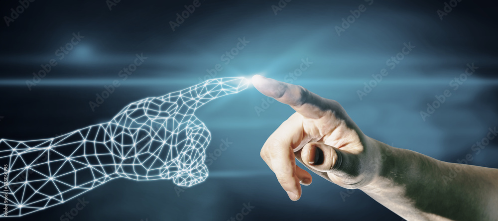 Aufkleber businessman hand pointing at polygonal hand on dark blue background. robotics and digital transforma