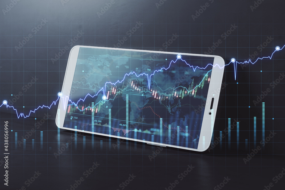 Poster stock market concept with digital financial chart diagram and candlestick on modern smartphone backg