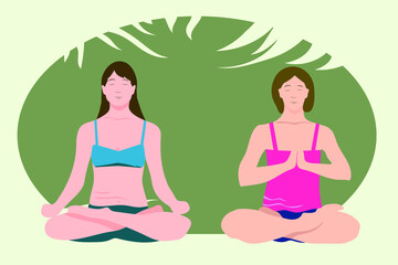 Vector illustration of a meditating person against the background of nature.
 A person in the lotus position, yoga. Gymnastic.