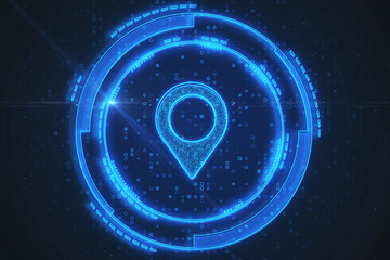 Close up of glowing digital map pin on blue background. Futuristic navigation concept. 3D Rendering.