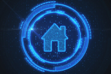 Creative glowing smart home icon on dark background. Future, technology and automation concept. 3D Rendering.