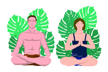 Vector illustration of a meditating person against the background of nature.
 A person in the lotus position, yoga. Gymnastic.