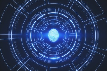 Creative glowing fingerprint ID interface on dark background. 3D Rendering,