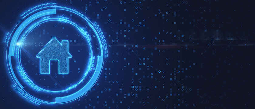 Abstract glowing smart home icon on dark background. Future, technology and automation concept. 3D Rendering.