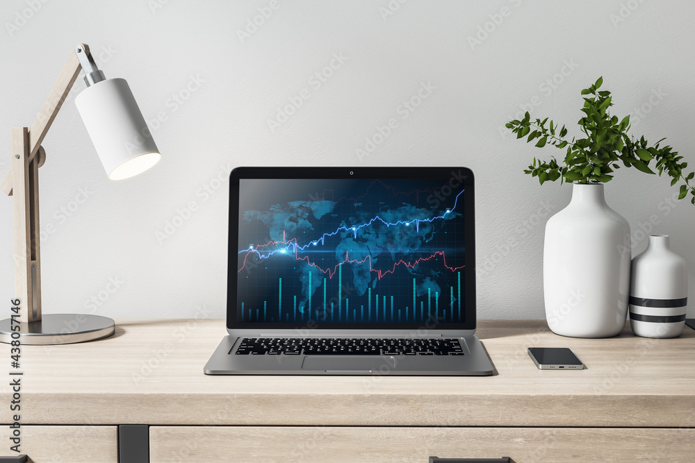 Aufkleber close up of modern office workplace with items, computer and forex chart. 3d rendering.