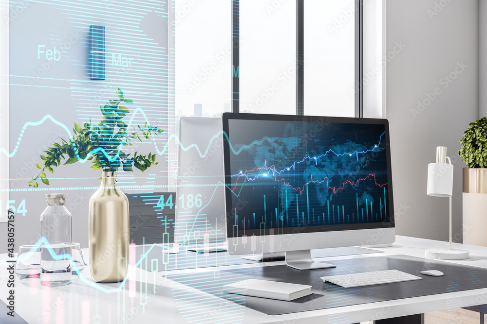 Poster close up of modern office desktop with items, computer and forex chart. 3d rendering.