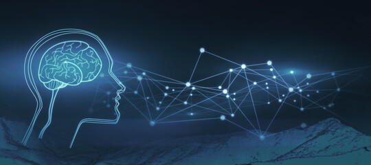 Abstract glowing digital brain interface on blue background with polygonal mesh. AI and future concept. 3D Rendering.