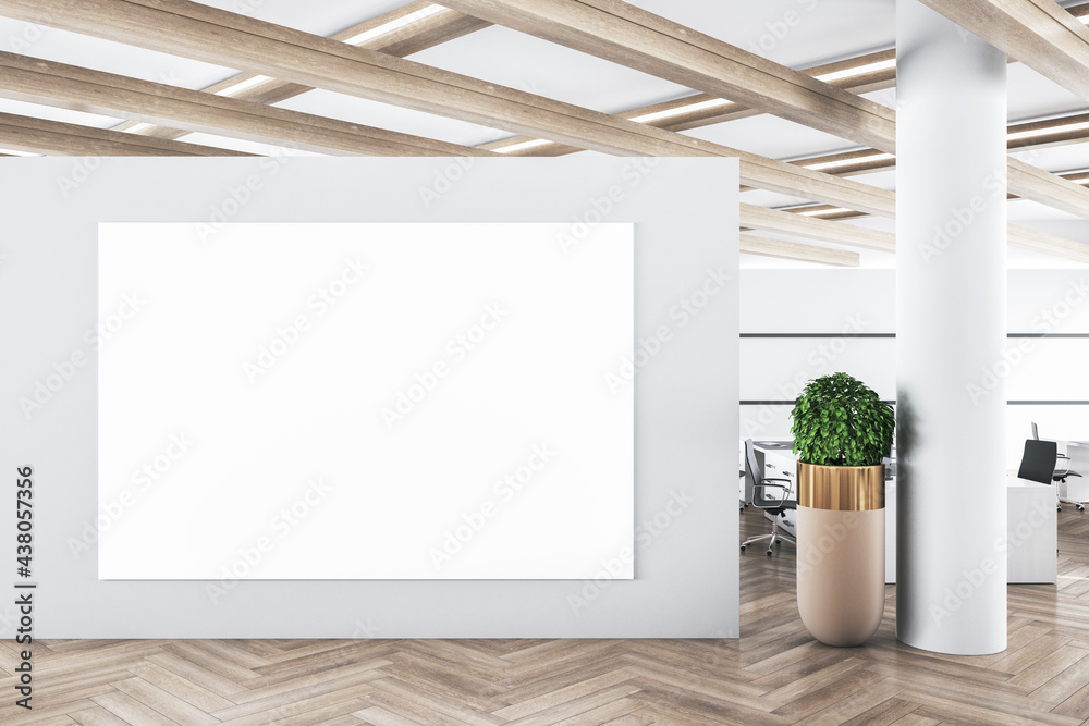 Wall mural modern concrete office interior with empty banner on wall and wooden floor. advertisement concept. 3