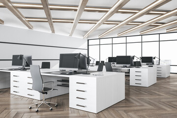 Modern white coworking office interior with daylight, wooden floor, window with city view and furniture. 3D Rendering.