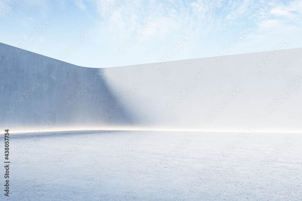 Poster Blank open air presentation stage with glowing light between fence and floor and blue sky on background. 3D rendering, mockup