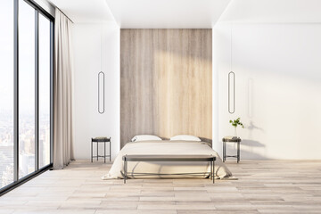 Sunny eco style bedroom with wooden recess and floor, stylish light bed, dark wooden bedside tables and city view from big window. 3D rendering.