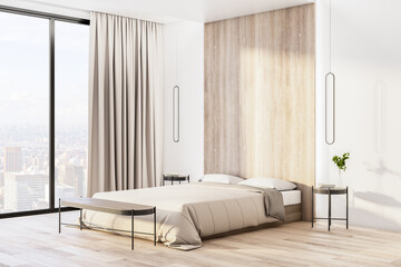 Sunny light shadows bedroom with beige colors interior design, modern bed with wooden recess, parquet and city view from floor-to-ceiling window. 3D rendering.