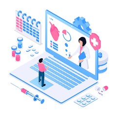 Laptop screen with female doctor giving online consultation about heart. Concept of telehealth, online medical consultations service.Vector illustration in isometric style. Isolated on white