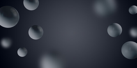 Abstract blurry black background with 3d rendering bubbles and mock up space.