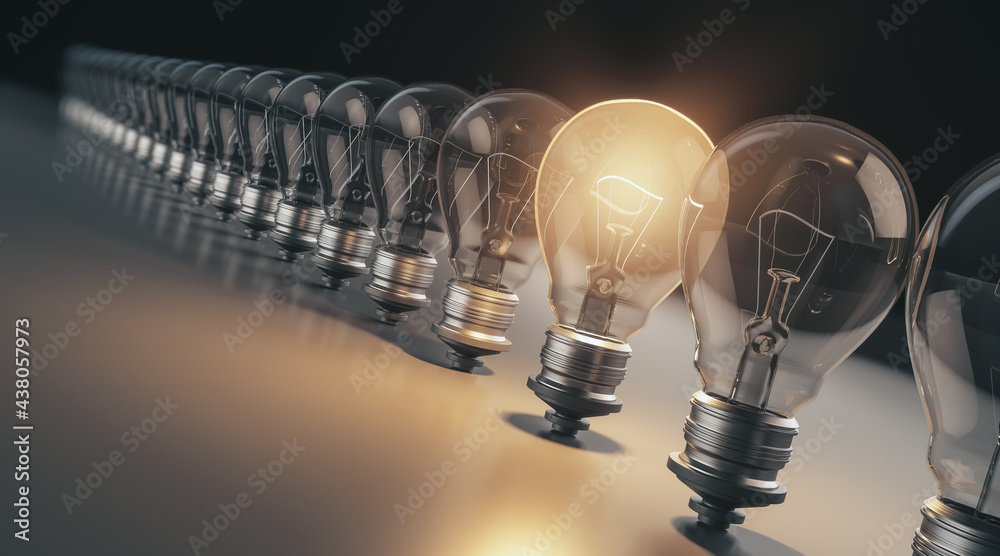 Poster Creative 3d rendering light bulb backdrop. Idea concept.