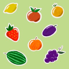 illustration set of summer fruits. Strawberry, grape, plum, orange, watermelon, apple, lemon. Stickers with contour