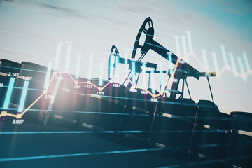 Oil and energy stock market concept with oil pump jack silhouettes with black barrels and digital...